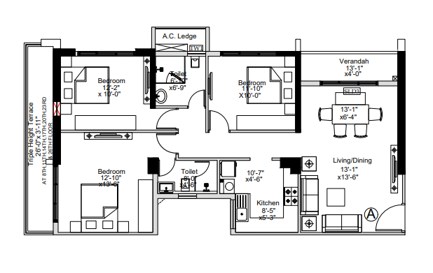 3Bhk+2T 981Sq. Ft Sugam Crown floor plan