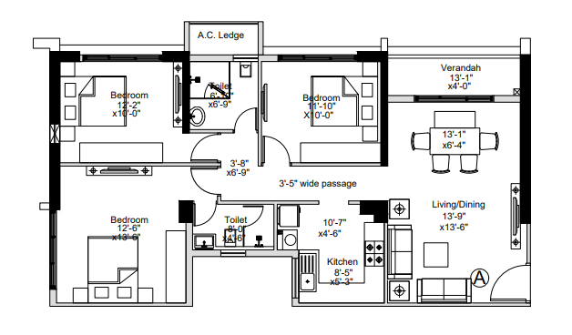 3Bhk+2T 982Sq. Ft Sugam Crown floor plan