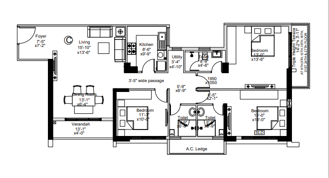3Bhk+3T 1145Sq. Ft Sugam Crown floor plan