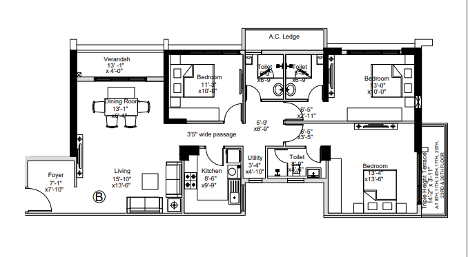 3Bhk+3T 1151Sq. Ft Sugam Crown floor plan