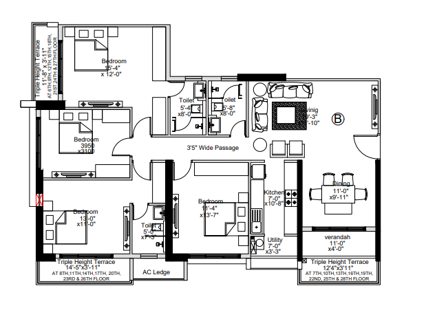 4Bhk+3T 1392Sq. Ft Sugam Crown floor plan